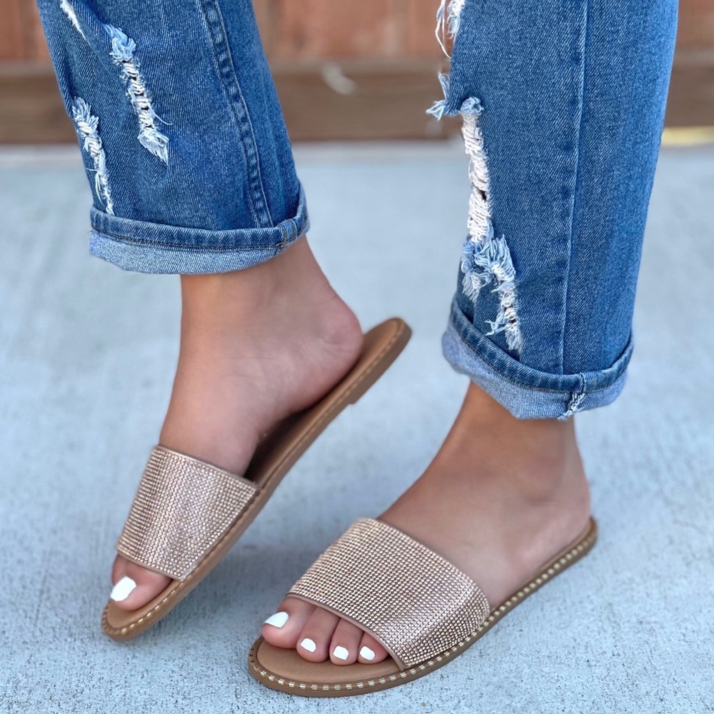 Rose Gold Rhinestone Flat Sandals - Picture 2 of 11